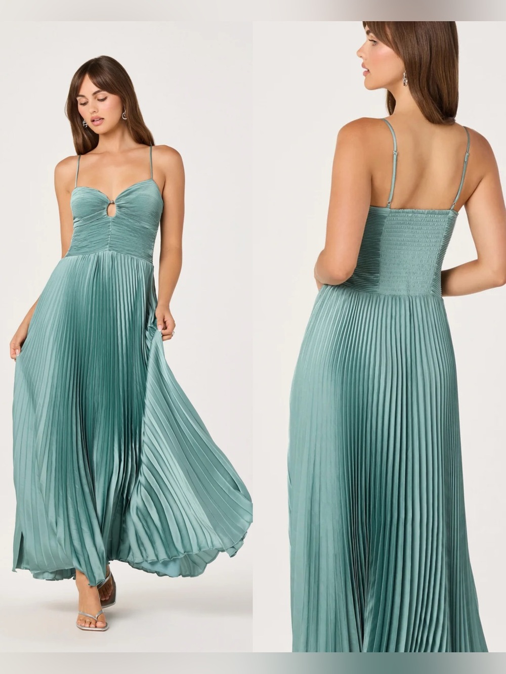 ASTR THE LABEL Elegant Sage Green Pleated Max with Spaghetti Straps